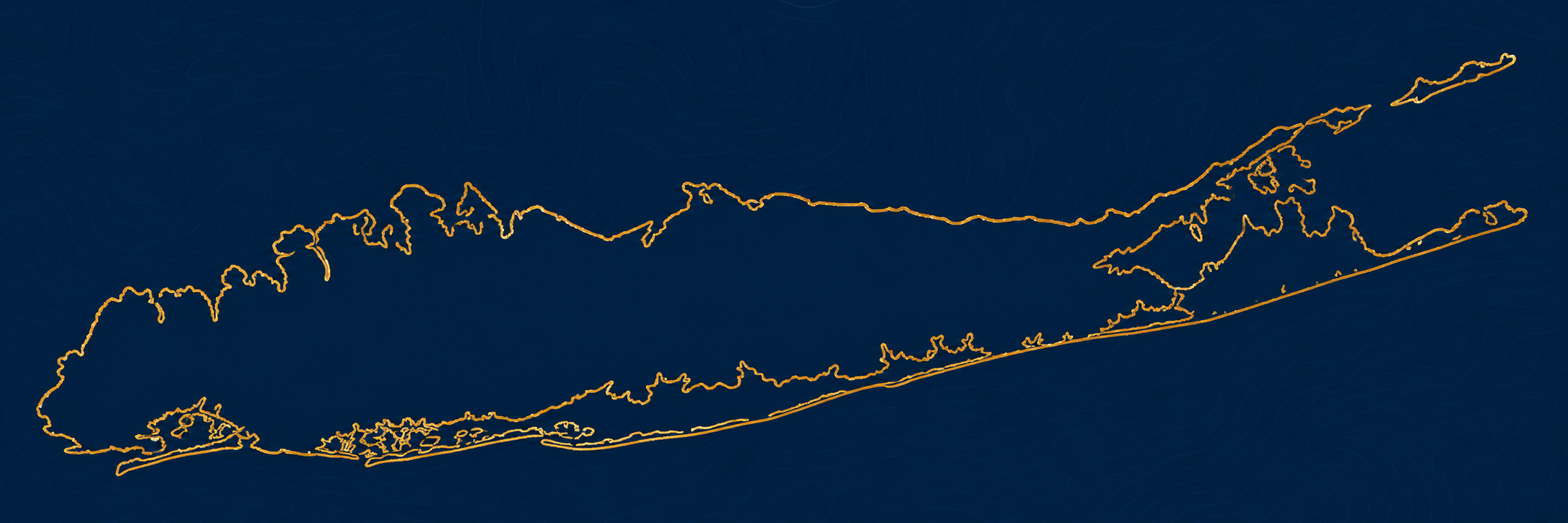 Gold outline artwork of Long Island with the North and South Forks