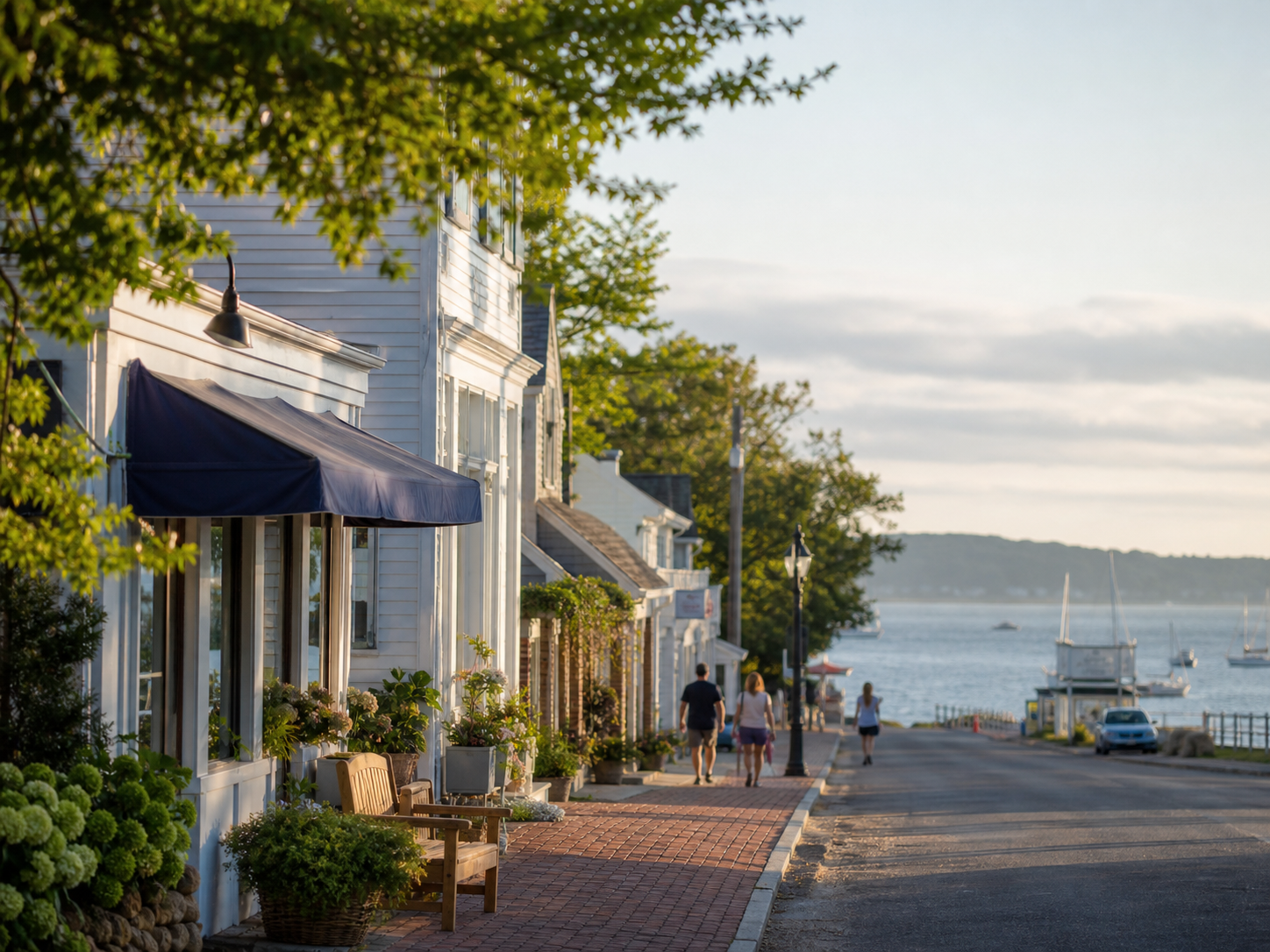 Long Island coastal main street with local businesses near the bay