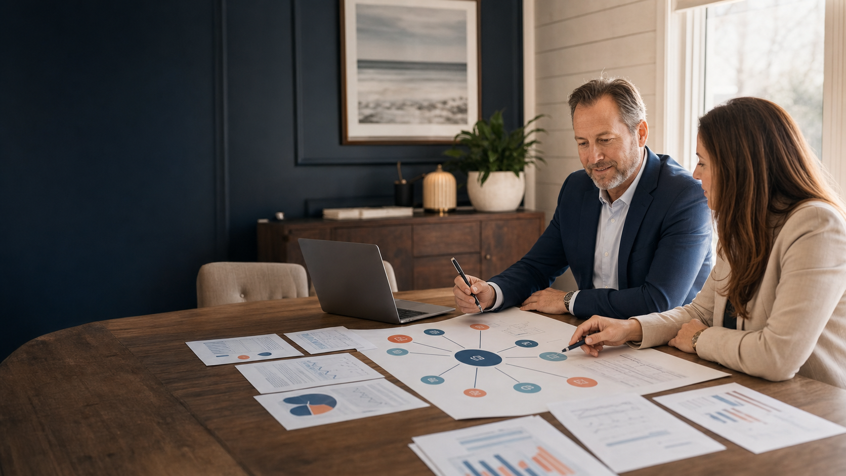 Long Island business owner reviewing one connected marketing growth plan with an advisor