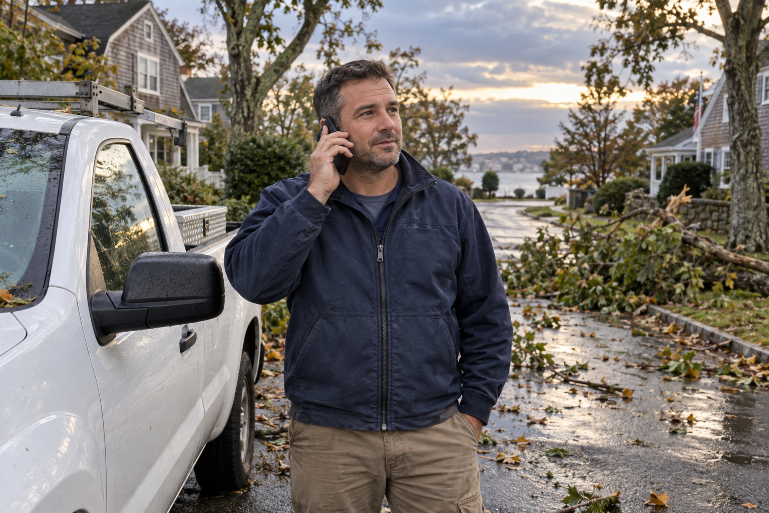 Long Island service business owner on the phone beside his work truck on a street with downed tree limbs after a storm